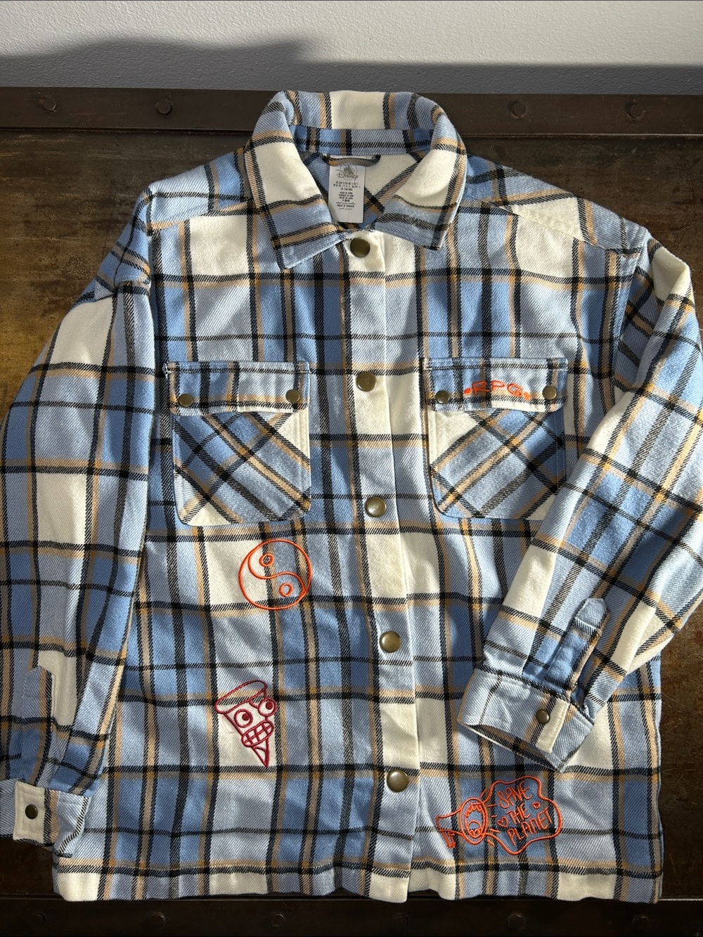 Disney Pandamonium Turning Red Blue White Plaid Snap Button Down Shirt Women’s S